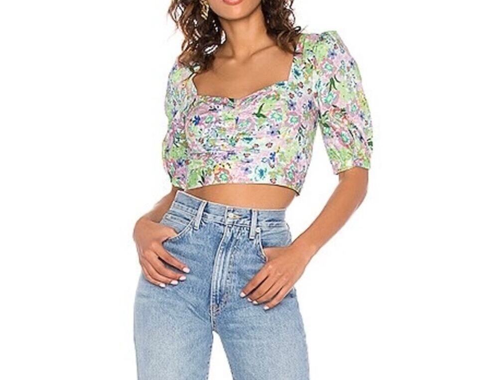 For Love & Lemons Revolve Jardine Crop Top in Lime Floral Retro L Puff Sleeve